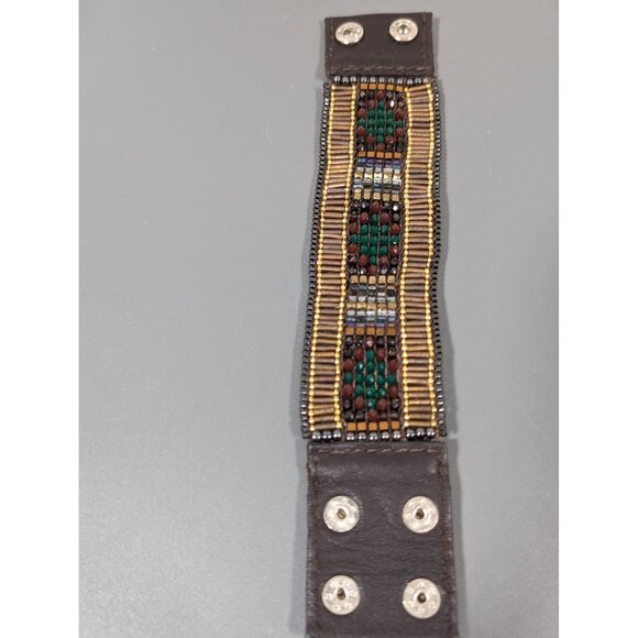 Nakamol Red Green Bead Brown Leather Snap Cuff Wide Bracelet 6.5" - Picture 7 of 9